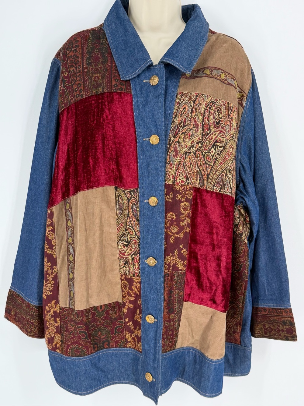 White Stag Plus Patchwork Button Up Shirt Jacket 22W/24W Boho Artsy Fall Layer